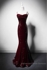 Wine Red Mermaid Straps Long Semi Formal Prom Dress Party Dress, Wine Red Sequins Evening Dress